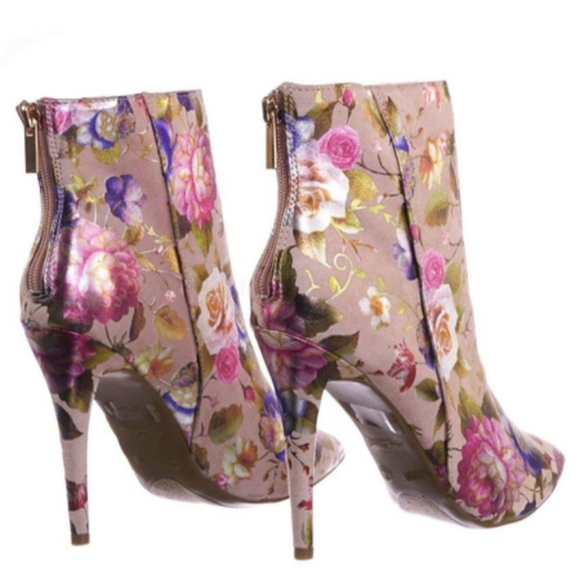 Pink Faux-Fur Lined Floral Silhouette Jacquard Stiletto HighHeel Booties Blush - Picture 2 of 10